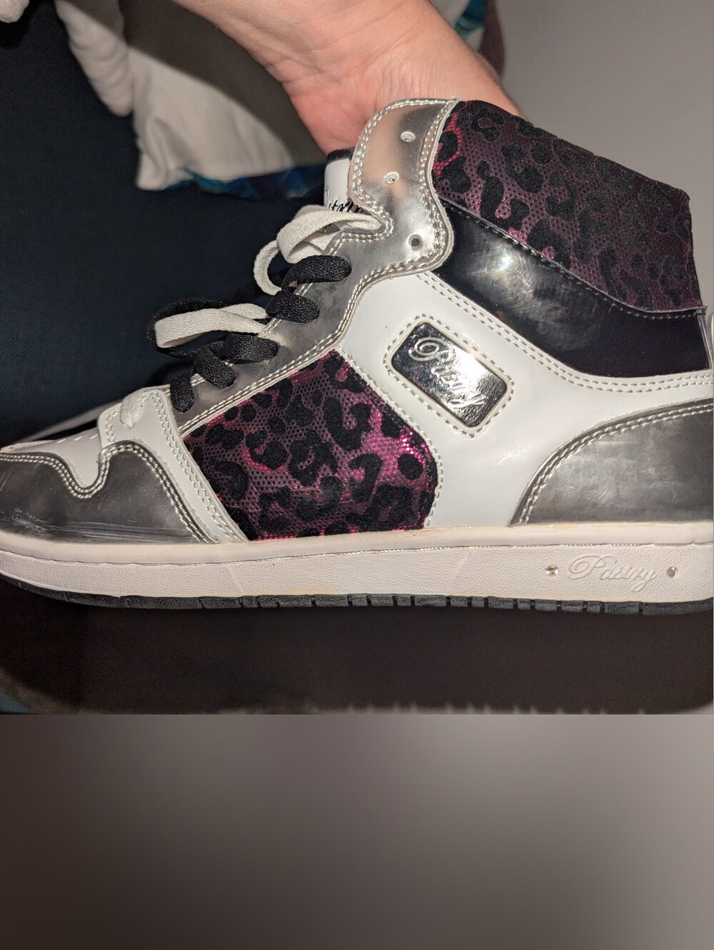 Pastry High-Top Women's Sneakers in White And Silver With Black And Pink Leopard